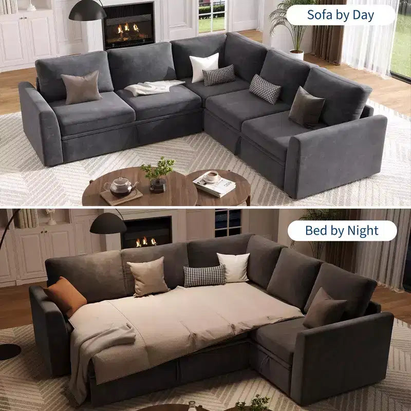 Sectional Sleeper Sofa with Pull Out Bed, Chenille Modular Sectional Couch with Pull Out Couch and Storage Seat & 2 Ottomans, Convertible Couches