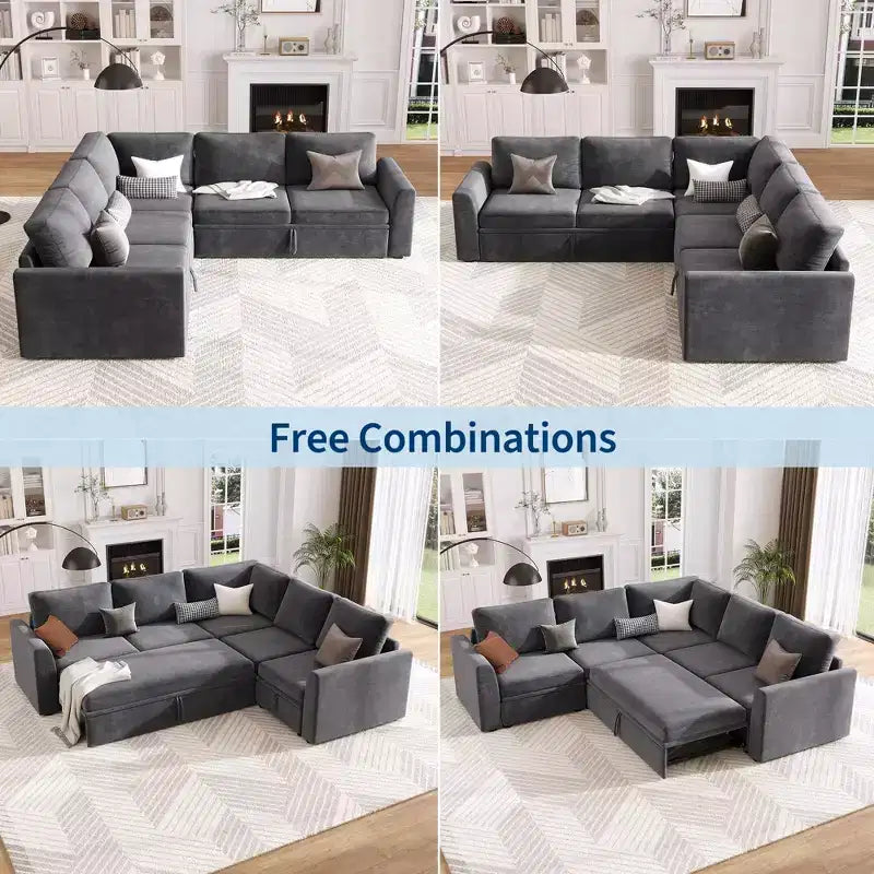 Sectional Sleeper Sofa with Pull Out Bed, Chenille Modular Sectional Couch with Pull Out Couch and Storage Seat & 2 Ottomans, Convertible Couches