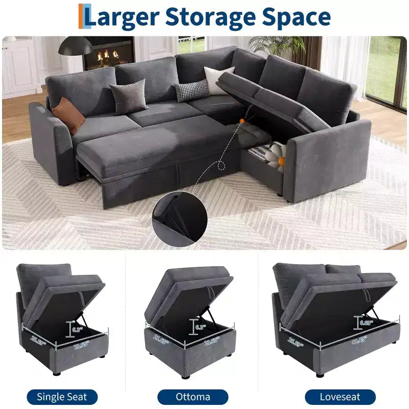 Sectional Sleeper Sofa with Pull Out Bed, Chenille Modular Sectional Couch with Pull Out Couch and Storage Seat & 2 Ottomans, Convertible Couches