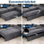 Sectional Sleeper Sofa with Pull Out Bed, Chenille Modular Sectional Couch with Pull Out Couch and Storage Seat & 2 Ottomans, Convertible Couches