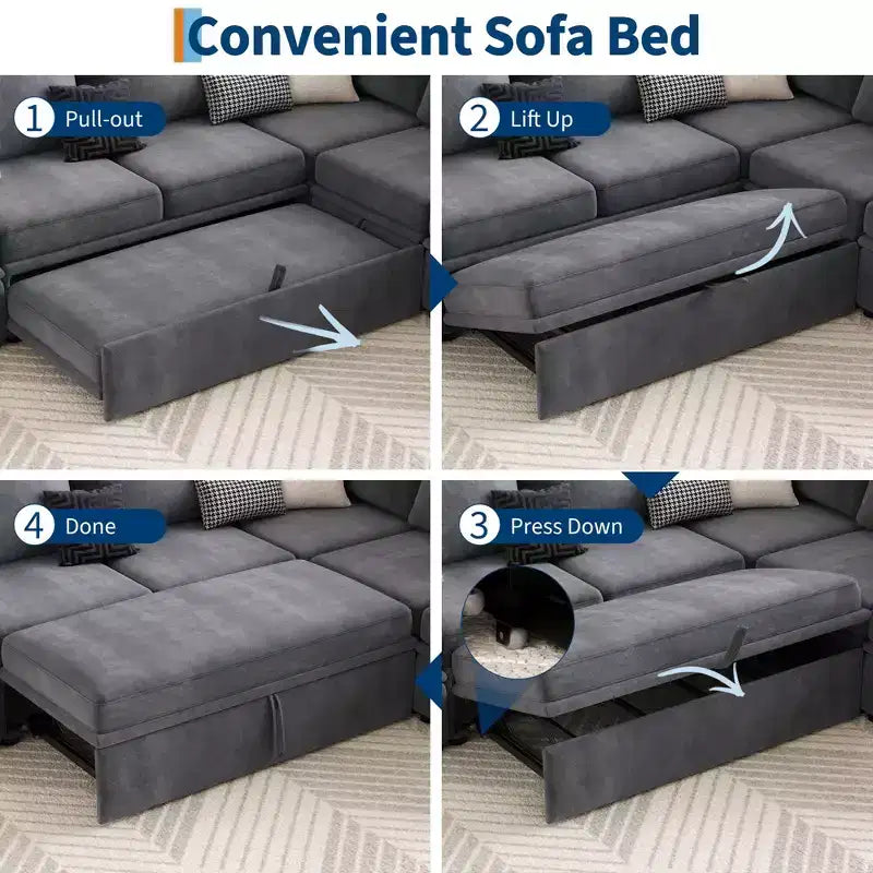 Sectional Sleeper Sofa with Pull Out Bed, Chenille Modular Sectional Couch with Pull Out Couch and Storage Seat & 2 Ottomans, Convertible Couches