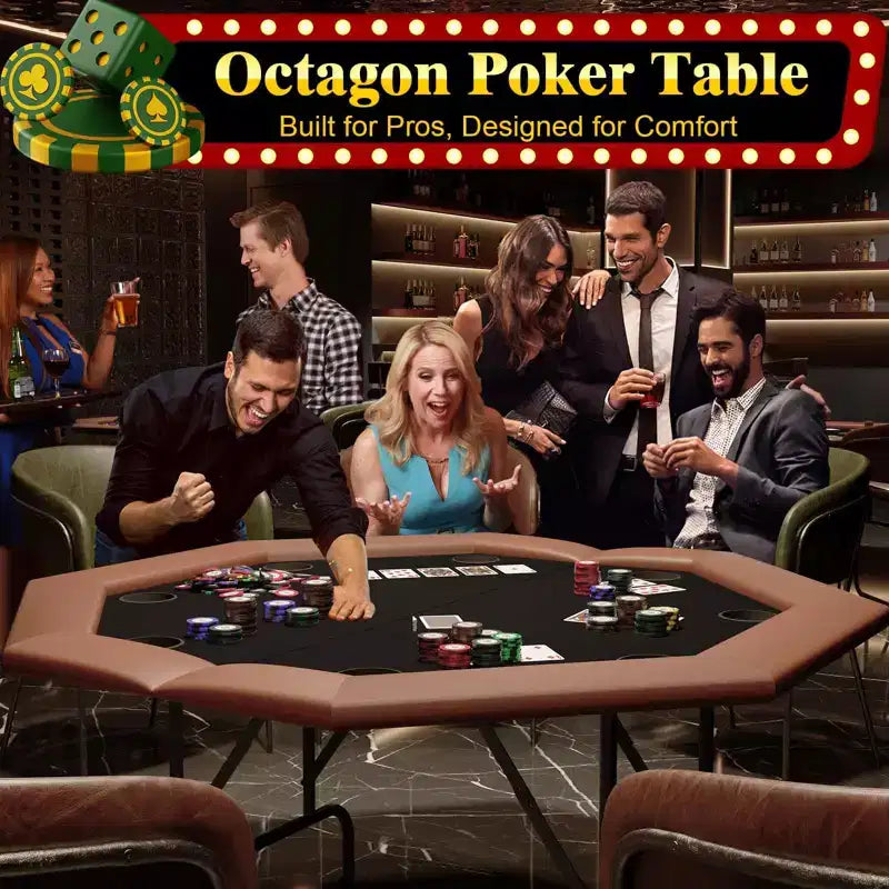 8-Player Octagon Poker Table Foldable Brown Casino Table with Cup Holders for Texas Holdem & Blackjack (Professional Home Game Equipment)