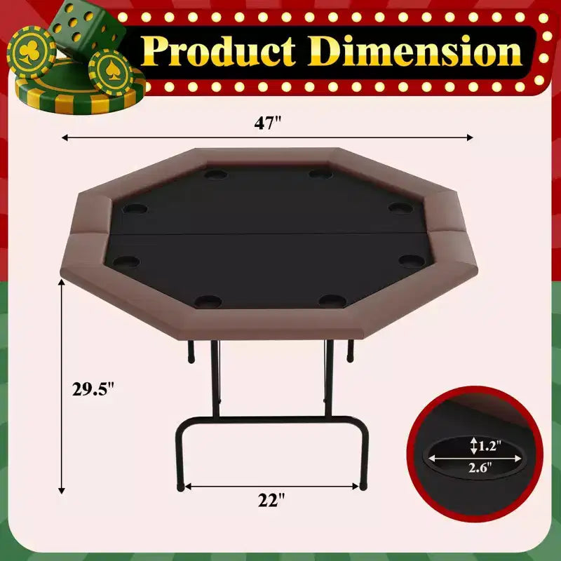 8-Player Octagon Poker Table Foldable Brown Casino Table with Cup Holders for Texas Holdem & Blackjack (Professional Home Game Equipment)