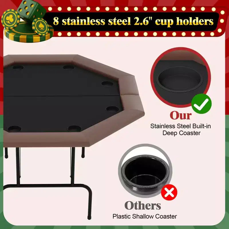 8-Player Octagon Poker Table Foldable Brown Casino Table with Cup Holders for Texas Holdem & Blackjack (Professional Home Game Equipment)