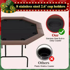 8-Player Octagon Poker Table Foldable Brown Casino Table with Cup Holders for Texas Holdem & Blackjack (Professional Home Game Equipment)