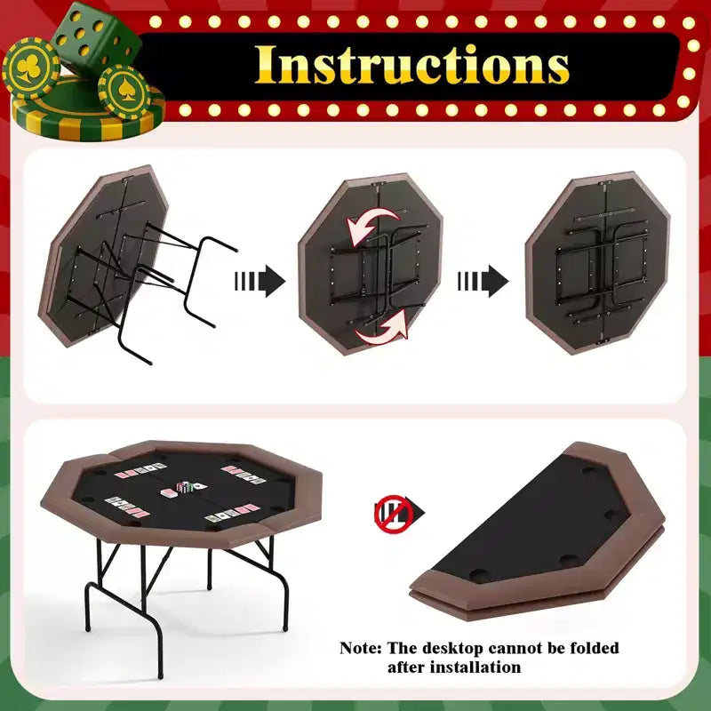 8-Player Octagon Poker Table Foldable Brown Casino Table with Cup Holders for Texas Holdem & Blackjack (Professional Home Game Equipment)