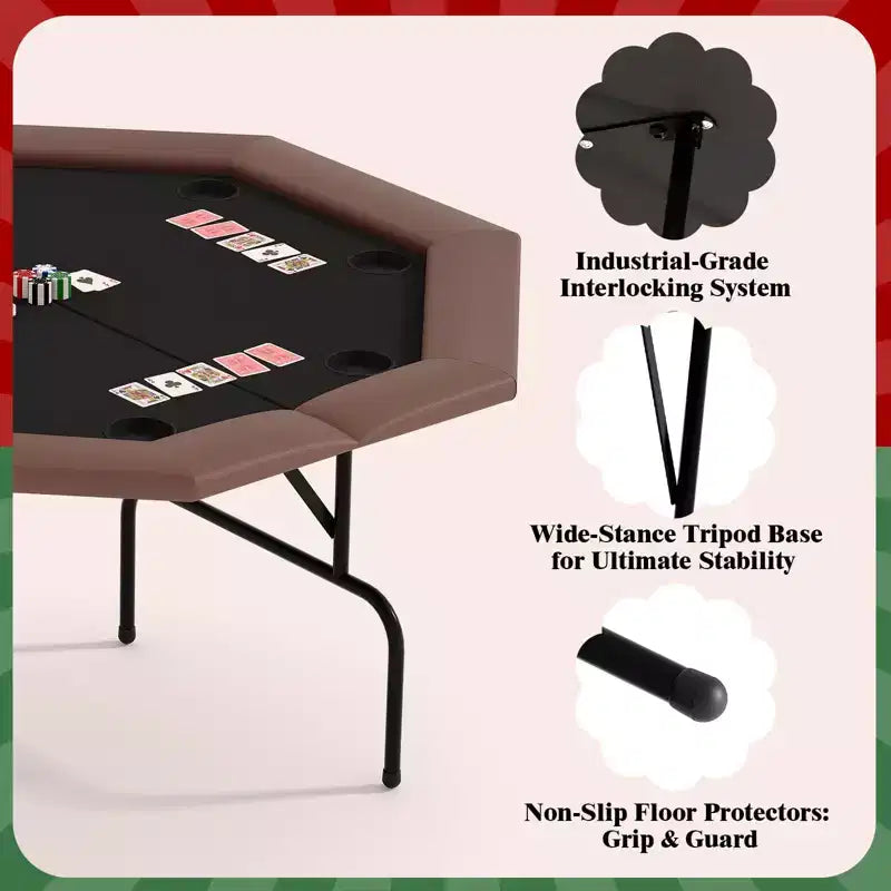 8-Player Octagon Poker Table Foldable Brown Casino Table with Cup Holders for Texas Holdem & Blackjack (Professional Home Game Equipment)