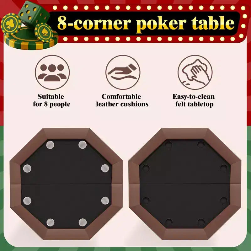 8-Player Octagon Poker Table Foldable Brown Casino Table with Cup Holders for Texas Holdem & Blackjack (Professional Home Game Equipment)
