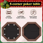 8-Player Octagon Poker Table Foldable Brown Casino Table with Cup Holders for Texas Holdem & Blackjack (Professional Home Game Equipment)