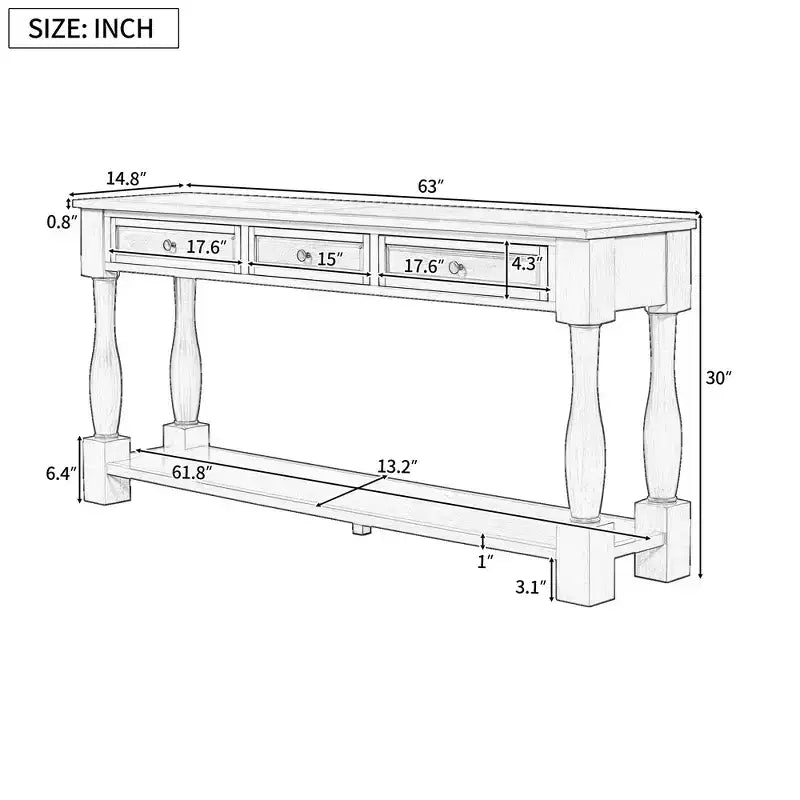 Mediterranean Style Rectangle Wood Long Console Table with Drawers and Shelf