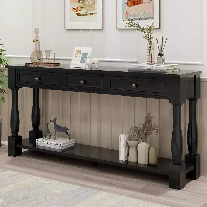 Mediterranean Style Rectangle Wood Long Console Table with Drawers and Shelf