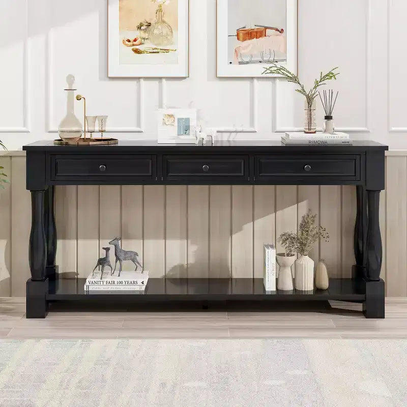 Mediterranean Style Rectangle Wood Long Console Table with Drawers and Shelf