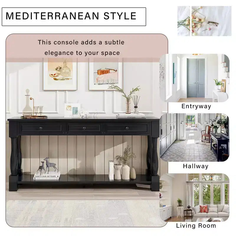Mediterranean Style Rectangle Wood Long Console Table with Drawers and Shelf