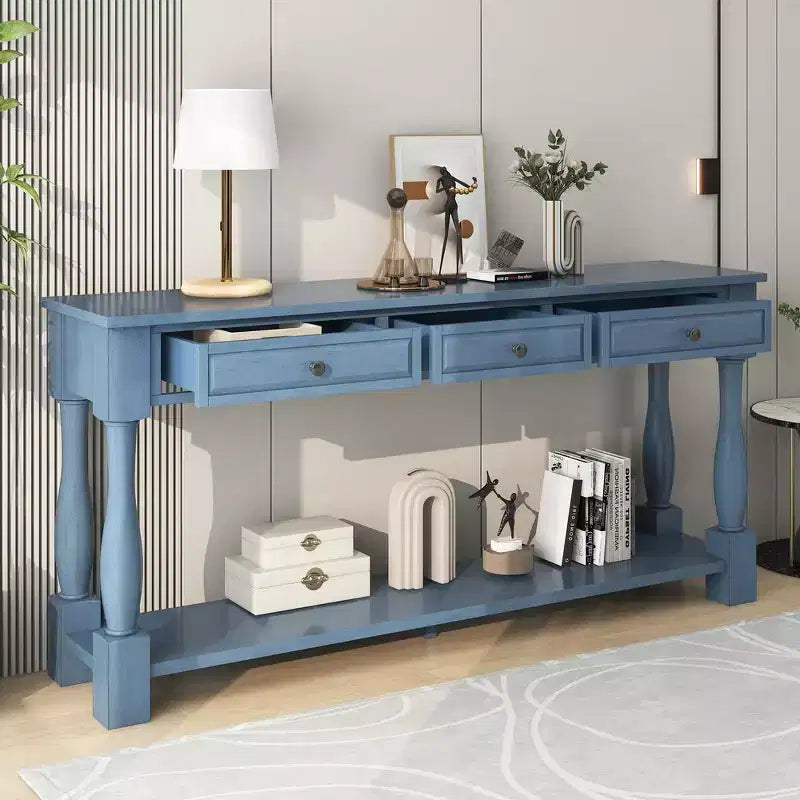 Mediterranean Style Rectangle Wood Long Console Table with Drawers and Shelf