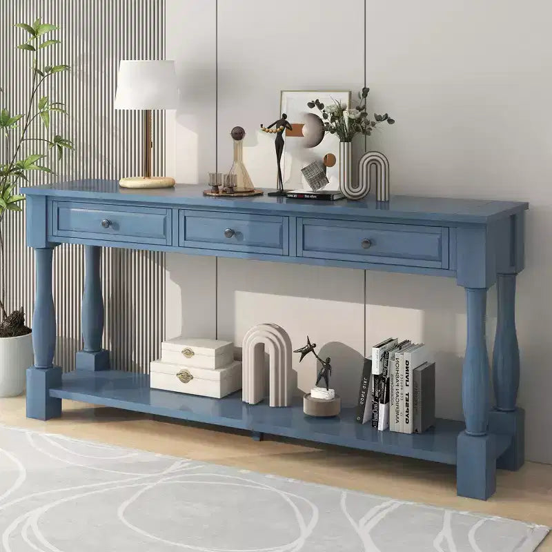 Mediterranean Style Rectangle Wood Long Console Table with Drawers and Shelf