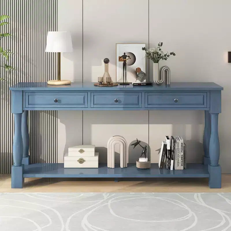 Mediterranean Style Rectangle Wood Long Console Table with Drawers and Shelf