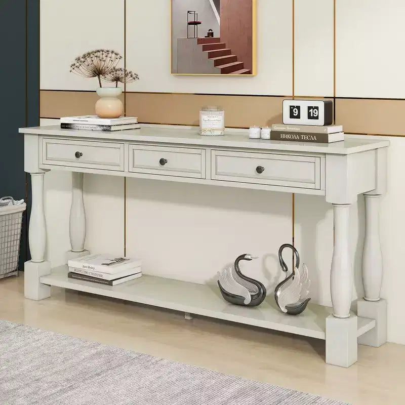 Mediterranean Style Rectangle Wood Long Console Table with Drawers and Shelf