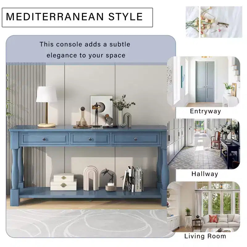 Mediterranean Style Rectangle Wood Long Console Table with Drawers and Shelf