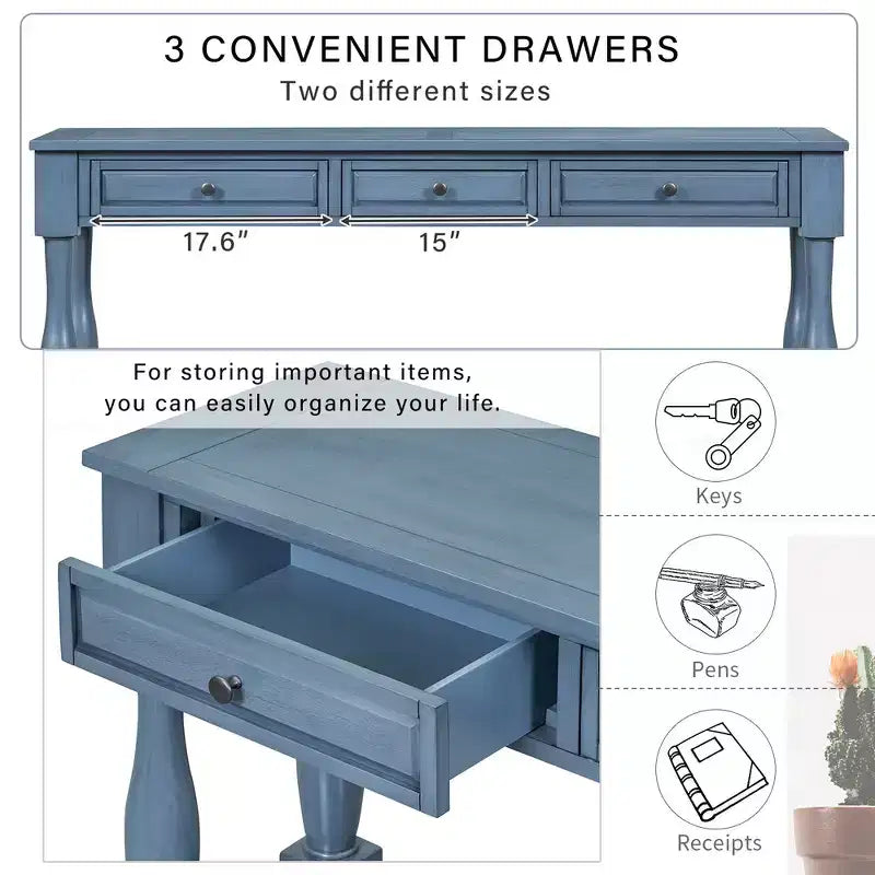 Mediterranean Style Rectangle Wood Long Console Table with Drawers and Shelf