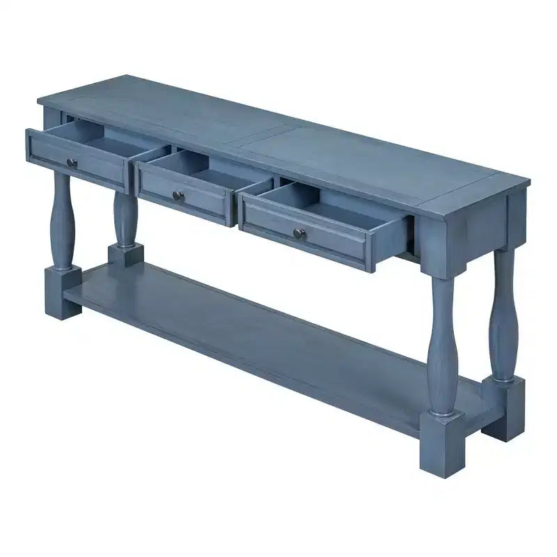 Mediterranean Style Rectangle Wood Long Console Table with Drawers and Shelf