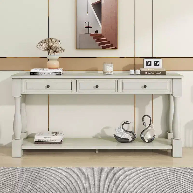 Mediterranean Style Rectangle Wood Long Console Table with Drawers and Shelf
