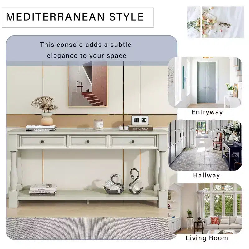 Mediterranean Style Rectangle Wood Long Console Table with Drawers and Shelf