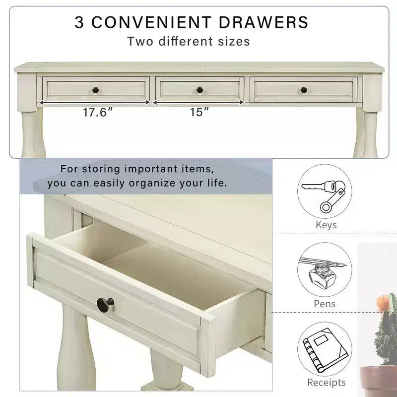 Mediterranean Style Rectangle Wood Long Console Table with Drawers and Shelf