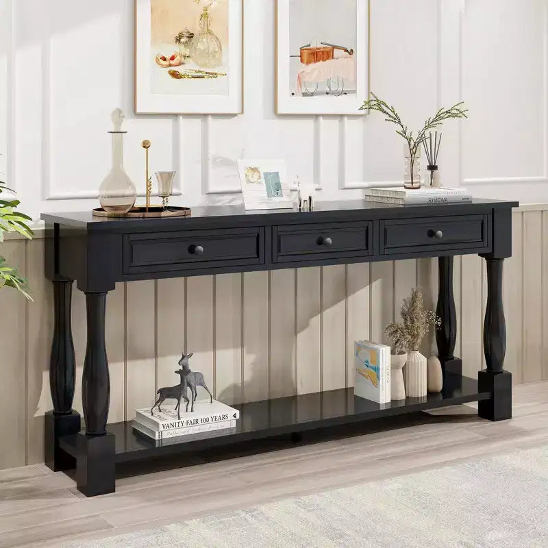 Mediterranean Style Rectangle Wood Long Console Table with Drawers and Shelf