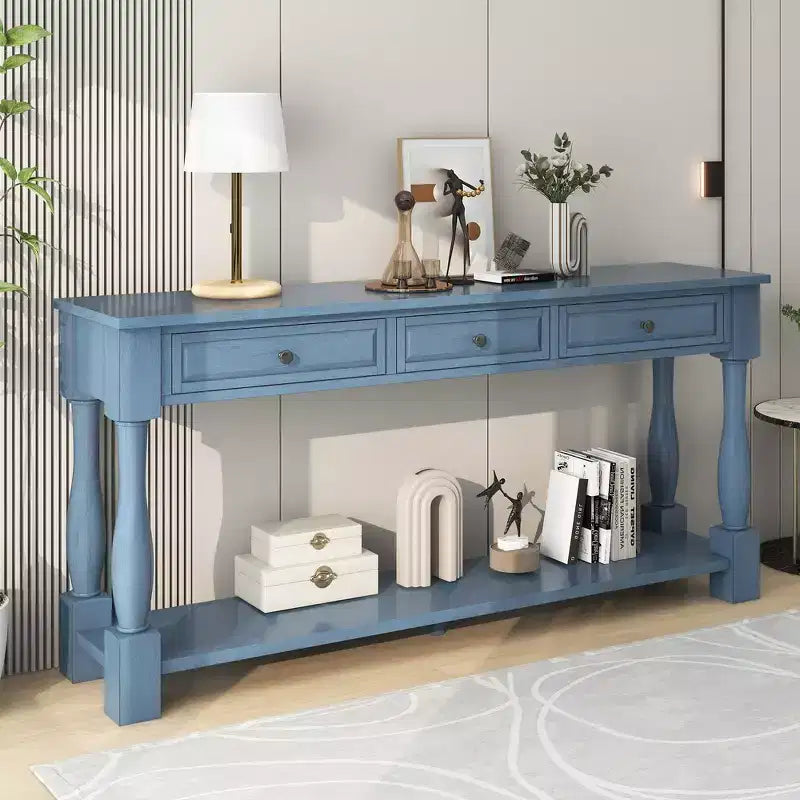 Mediterranean Style Rectangle Wood Long Console Table with Drawers and Shelf