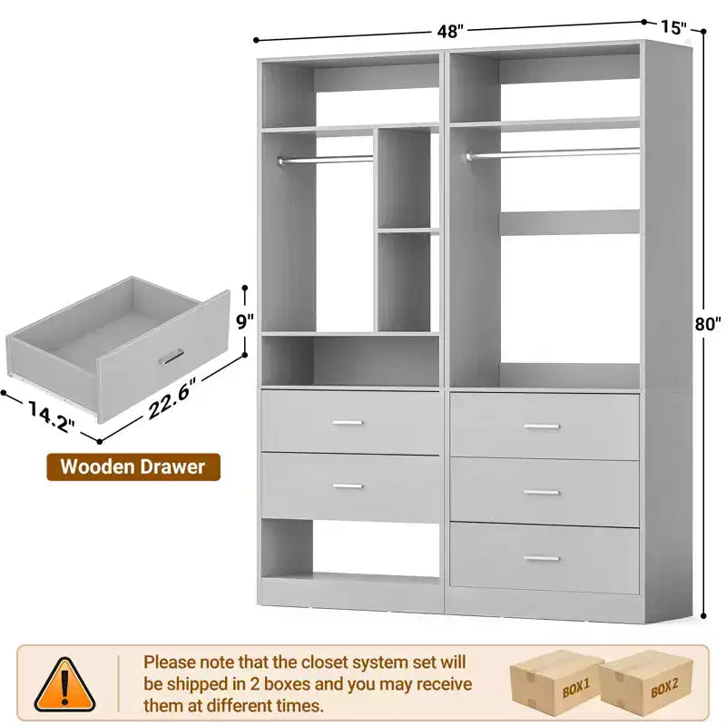 48 Closet System with 5 Wood Drawers