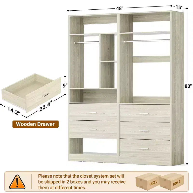 48 Closet System with 5 Wood Drawers