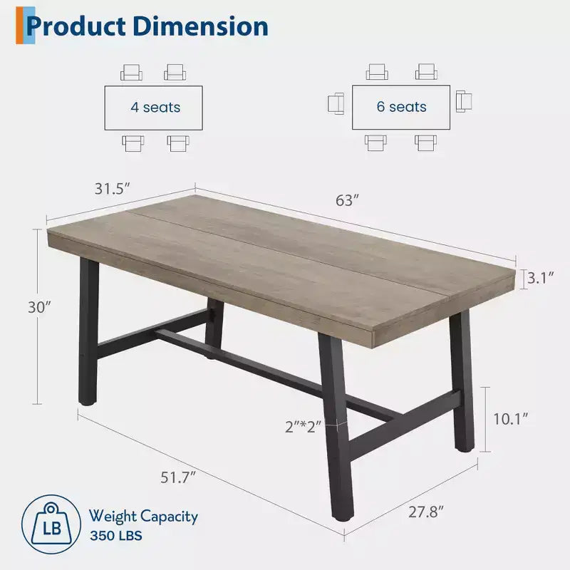 Industrial Dining Table for 4-6 People, 63 Long Wooden Kitchen Table with Sturdy Metal Frame & Grey Finish - Seats 4 Rectangular Counter