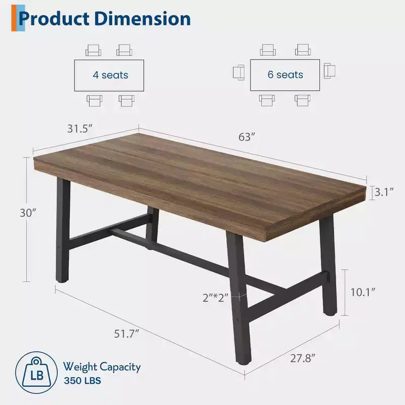 Industrial Dining Table for 4-6 People, 63 Long Wooden Kitchen Table with Sturdy Metal Frame & Grey Finish - Seats 4 Rectangular Counter