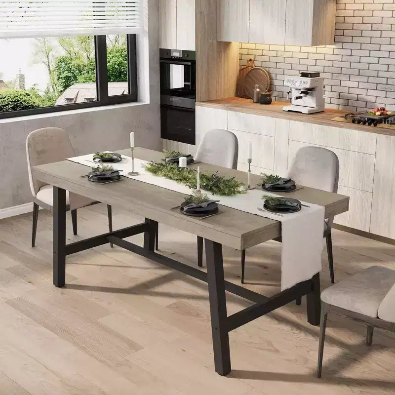 Industrial Dining Table for 4-6 People, 63 Long Wooden Kitchen Table with Sturdy Metal Frame & Grey Finish - Seats 4 Rectangular Counter