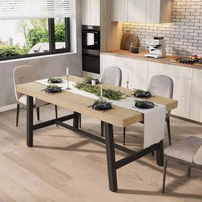 Industrial Dining Table for 4-6 People, 63 Long Wooden Kitchen Table with Sturdy Metal Frame & Grey Finish - Seats 4 Rectangular Counter