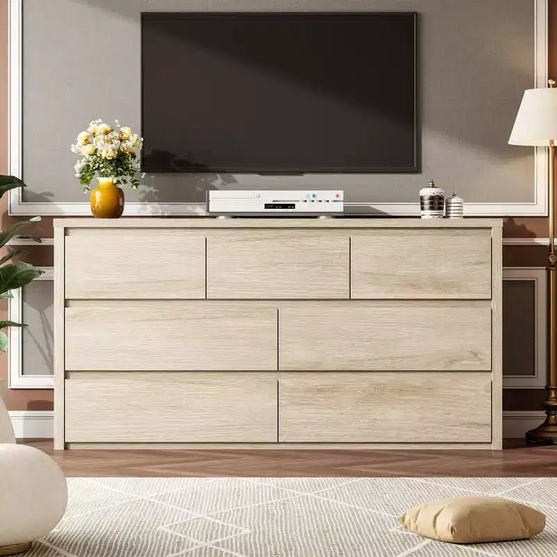 7 Drawer Dresser for Bedroom, 53W Wooden Chest of Drawers, Handle-Free Clothes Storage Organizer, Dresser TV Stand for Hallway, Bedroom