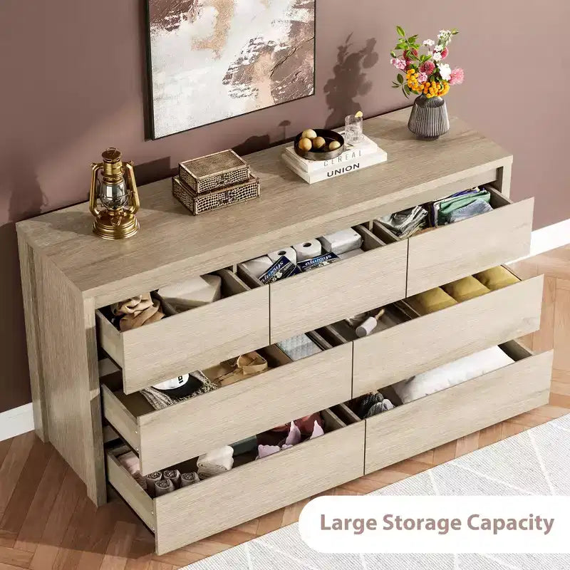 7 Drawer Dresser for Bedroom, 53W Wooden Chest of Drawers, Handle-Free Clothes Storage Organizer, Dresser TV Stand for Hallway, Bedroom