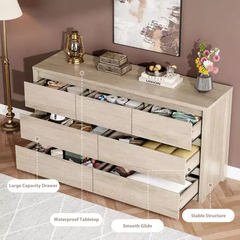 7 Drawer Dresser for Bedroom, 53W Wooden Chest of Drawers, Handle-Free Clothes Storage Organizer, Dresser TV Stand for Hallway, Bedroom
