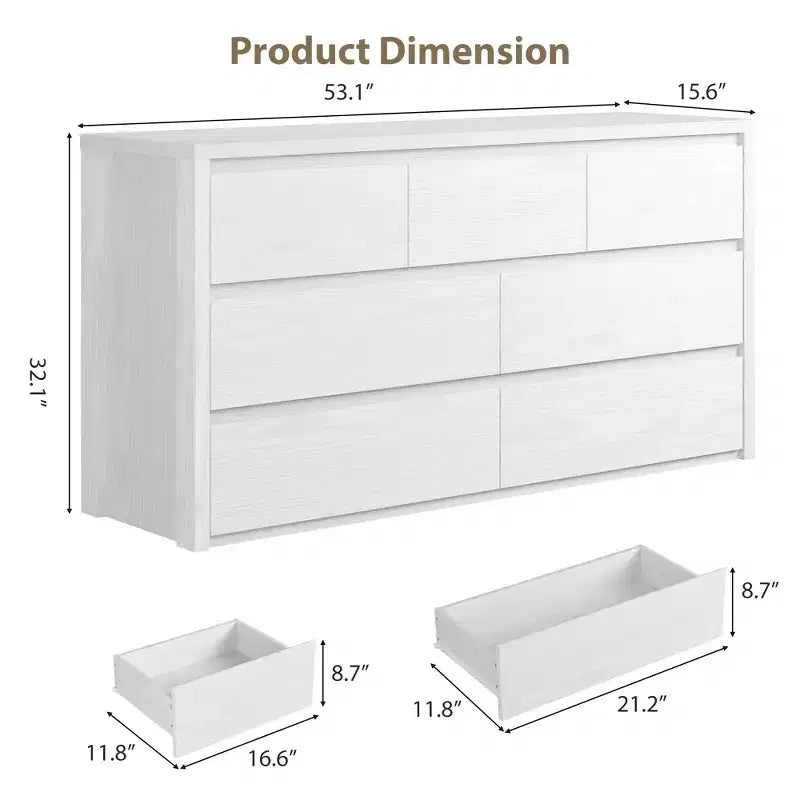 7 Drawer Dresser for Bedroom, 53W Wooden Chest of Drawers, Handle-Free Clothes Storage Organizer, Dresser TV Stand for Hallway, Bedroom