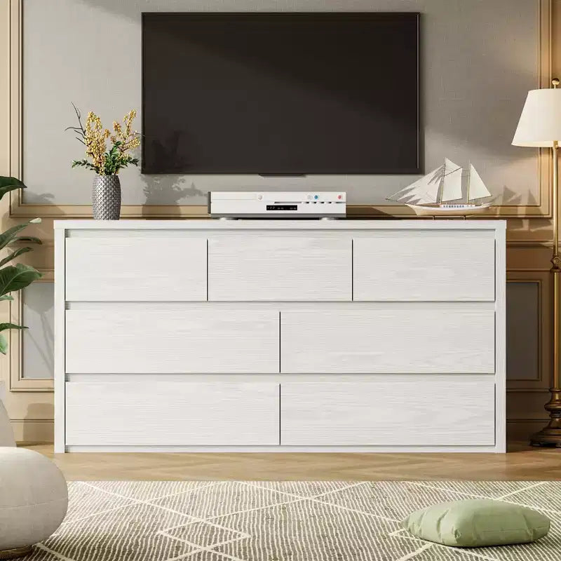 7 Drawer Dresser for Bedroom, 53W Wooden Chest of Drawers, Handle-Free Clothes Storage Organizer, Dresser TV Stand for Hallway, Bedroom