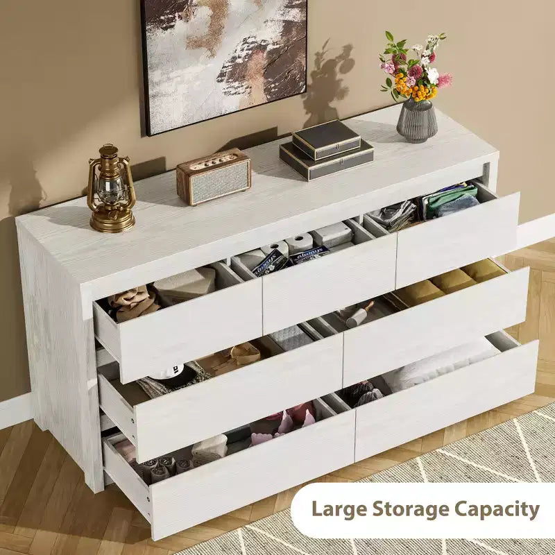 7 Drawer Dresser for Bedroom, 53W Wooden Chest of Drawers, Handle-Free Clothes Storage Organizer, Dresser TV Stand for Hallway, Bedroom