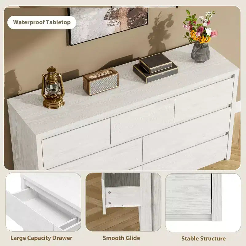 7 Drawer Dresser for Bedroom, 53W Wooden Chest of Drawers, Handle-Free Clothes Storage Organizer, Dresser TV Stand for Hallway, Bedroom