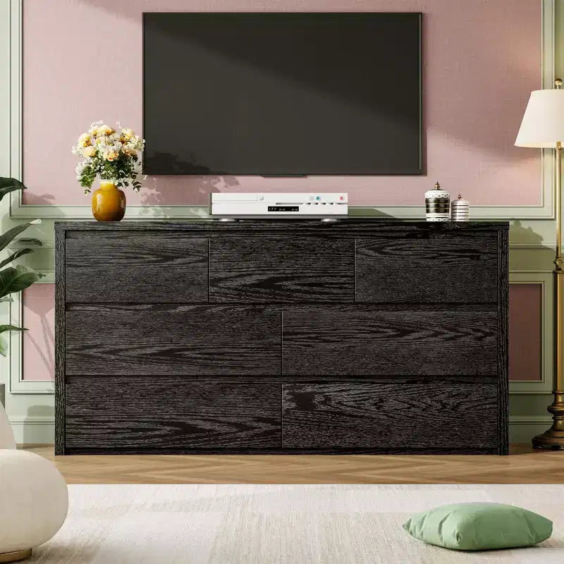 7 Drawer Dresser for Bedroom, 53W Wooden Chest of Drawers, Handle-Free Clothes Storage Organizer, Dresser TV Stand for Hallway, Bedroom