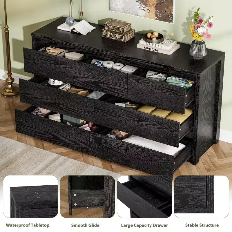 7 Drawer Dresser for Bedroom, 53W Wooden Chest of Drawers, Handle-Free Clothes Storage Organizer, Dresser TV Stand for Hallway, Bedroom