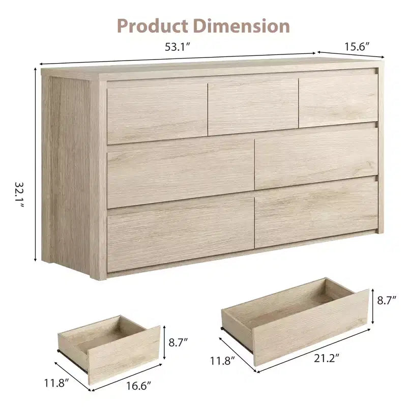 7 Drawer Dresser for Bedroom, 53W Wooden Chest of Drawers, Handle-Free Clothes Storage Organizer, Dresser TV Stand for Hallway, Bedroom