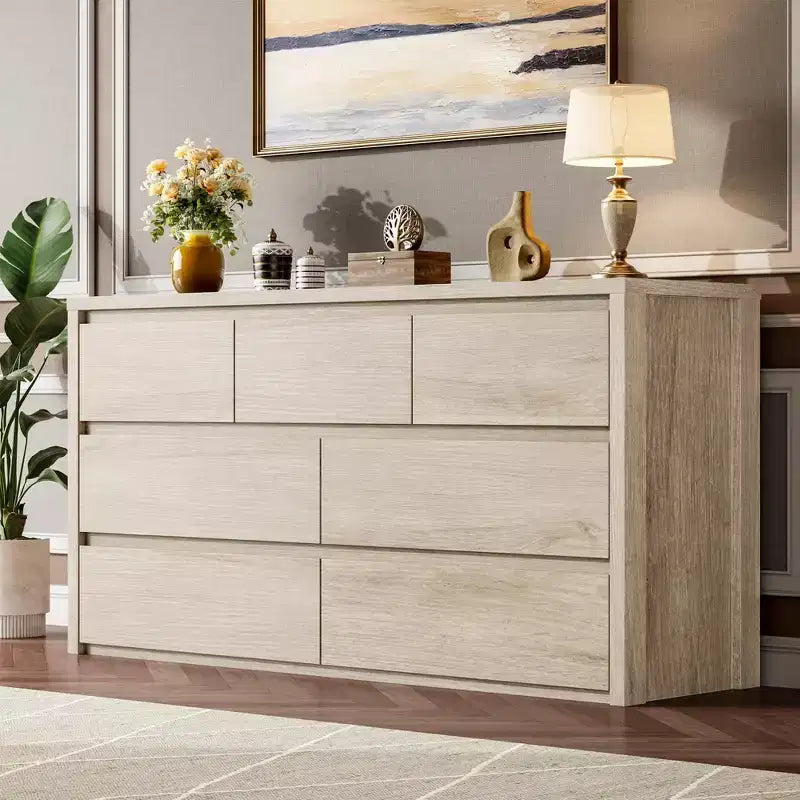 7 Drawer Dresser for Bedroom, 53W Wooden Chest of Drawers, Handle-Free Clothes Storage Organizer, Dresser TV Stand for Hallway, Bedroom