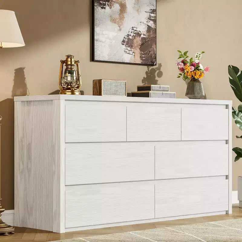 7 Drawer Dresser for Bedroom, 53W Wooden Chest of Drawers, Handle-Free Clothes Storage Organizer, Dresser TV Stand for Hallway, Bedroom
