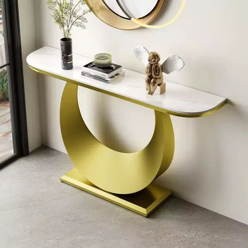 47 Half-Moon Entryway Console Table with Faux Marble Top & Metal Base, Slim Sofa Table for Foyer, Hallway, Living Room, or Bedroom