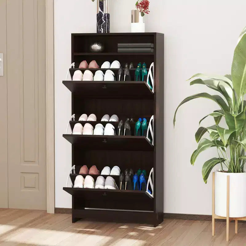 Slim Shoe Storage, Trendy Shoe Rack with 3 Large Fold-Out Drawers & a Spacious Top Surface