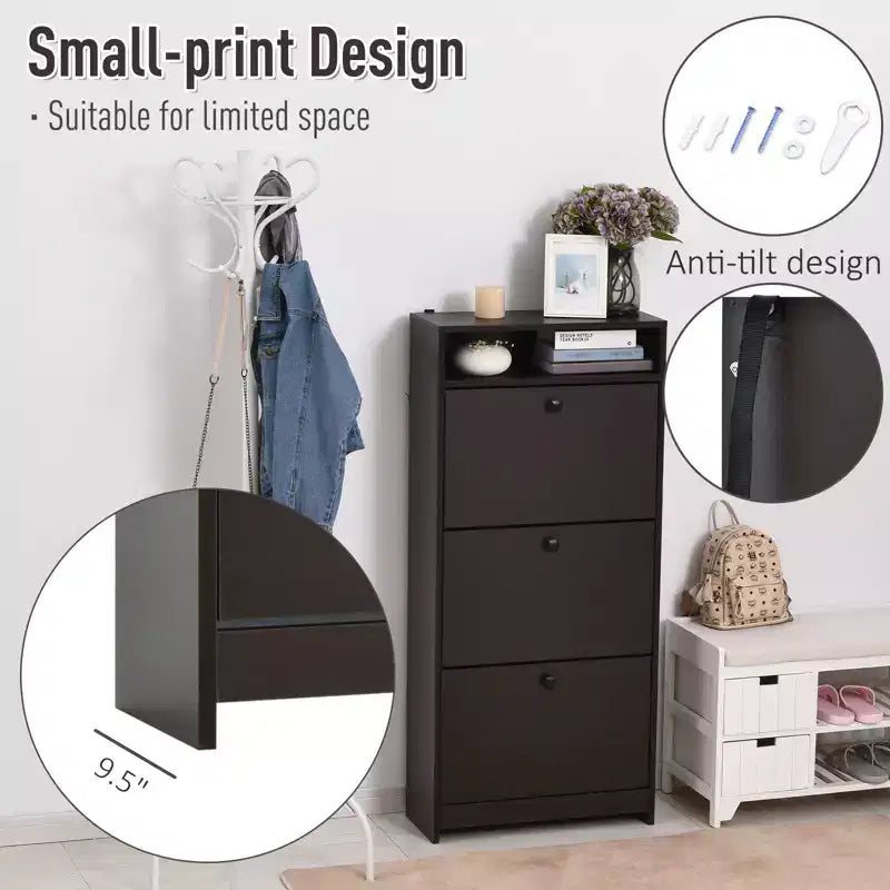 Slim Shoe Storage, Trendy Shoe Rack with 3 Large Fold-Out Drawers & a Spacious Top Surface